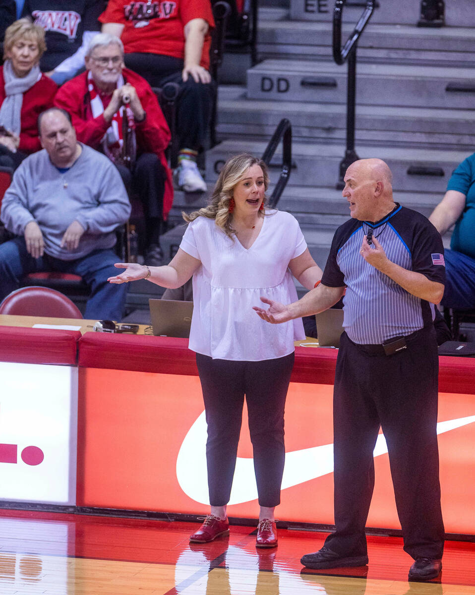 UNLV Lady Rebels head coach Lindy La Rocque argues a foul call by an official against the Fresn ...