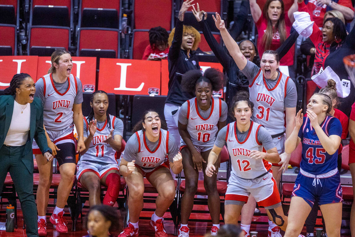 UNLV Lady Rebels guard Alyssa Durazo-Frescas (12) looks surprised by her go-ahead 3-point baske ...