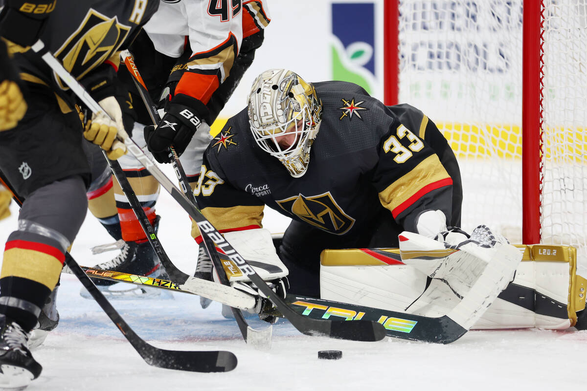 Vegas Golden Knights goaltender Adin Hill (33) defends the goal during the second period of an ...