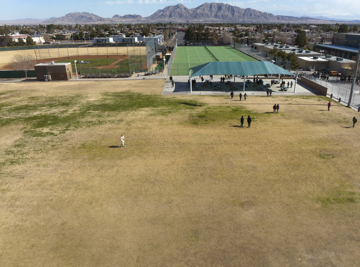 The Rancho High School baseball, left, and soccer fields are shown, on Monday, Feb.13, 2023, in ...