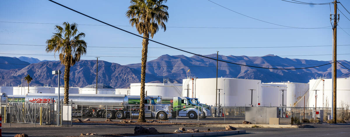 Tankers parked outside of the Pro Petroleum on Friday, Feb. 10, 2023, in Las Vegas. The Kinder ...