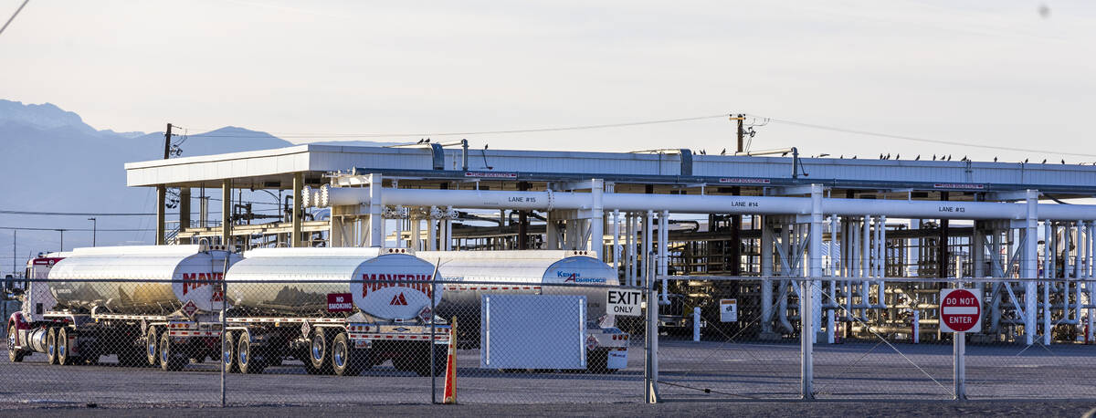 Tankers are parked outside of a fueling complex off of North Sloan Lane on Friday, Feb. 10, 202 ...