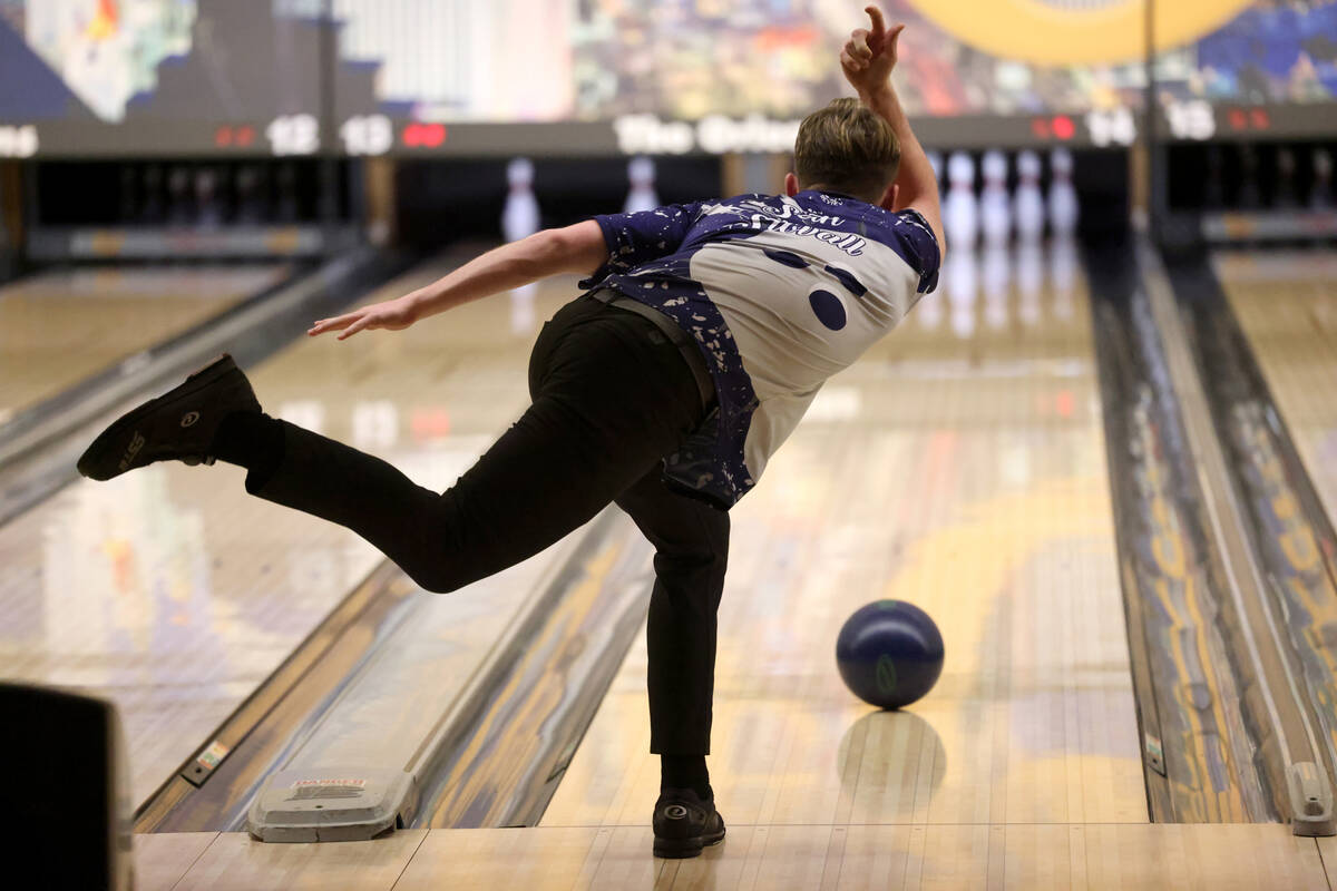 Shadow Ridge bowler Seth Stovall rolls during the Class 5A Nevada state bowling team championsh ...