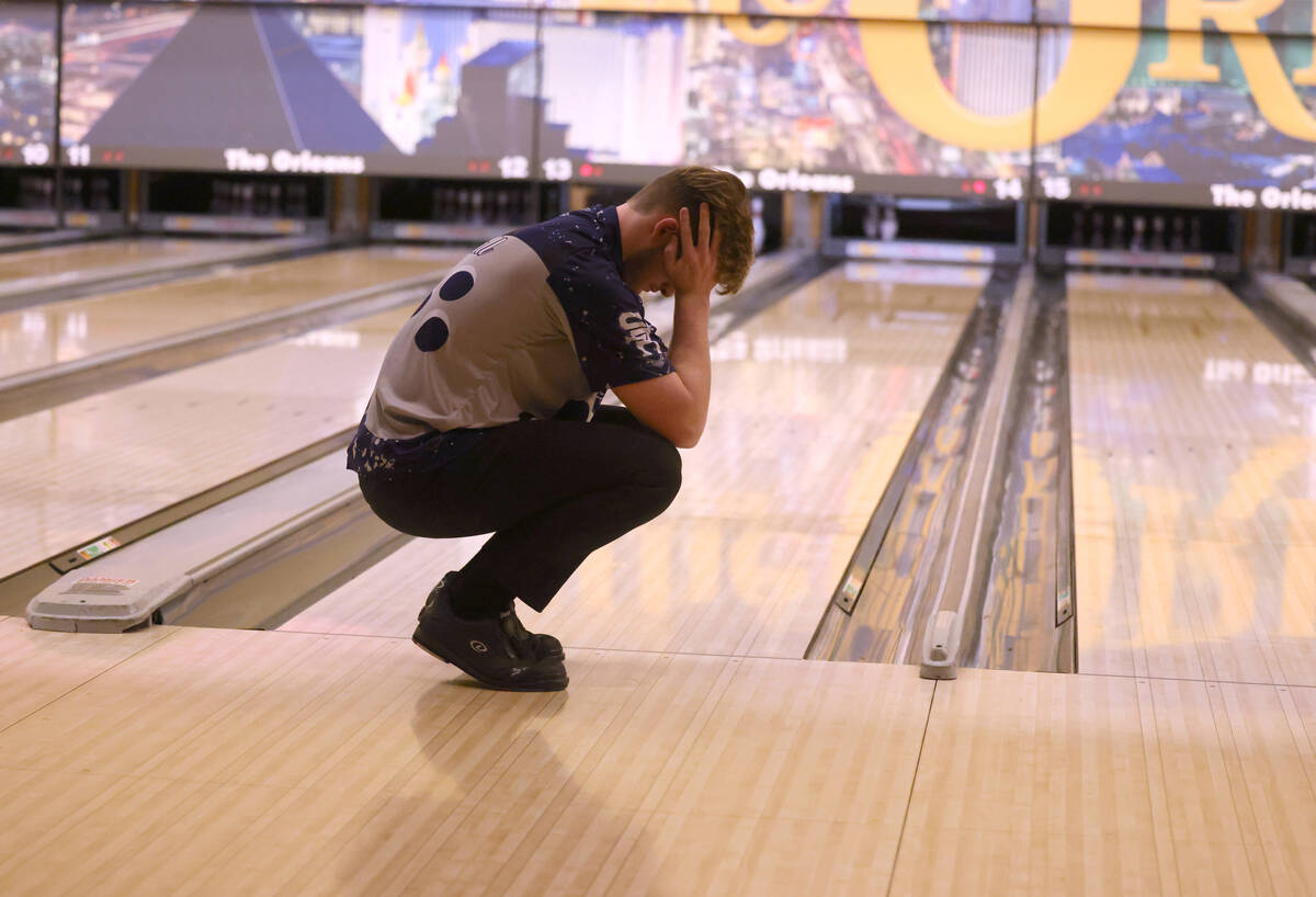Shadow Ridge bowler Seth Stovall reacts during the Class 5A Nevada state bowling team champions ...