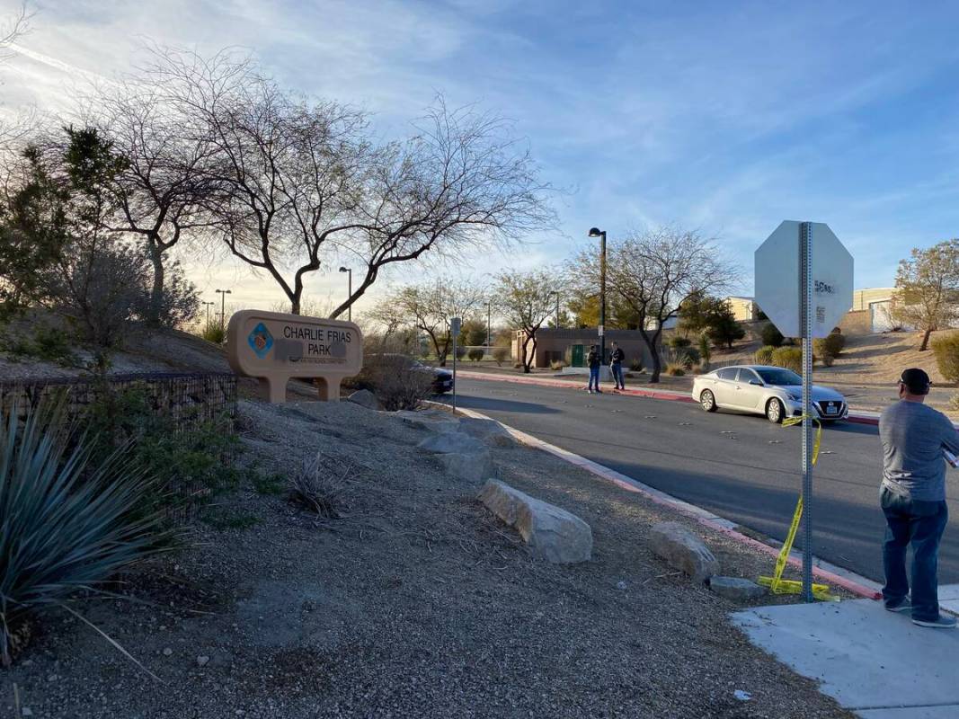 Las Vegas police were investigating a homicide at Charlie Frias Park, near South Decatur Boulev ...