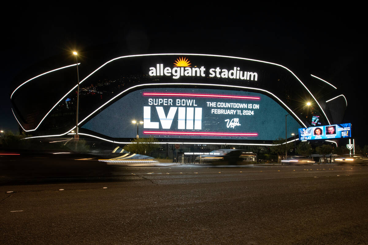 Allegiant Stadium features a 2024 Super Bowl LVII message on itÕs marquee in celebration of th ...