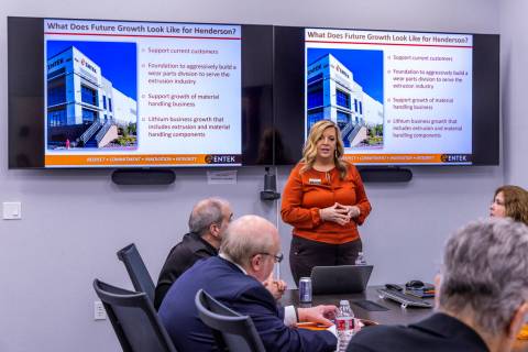 ENTEK's Linda Campbell introduces the company and their mission during a press tour having open ...
