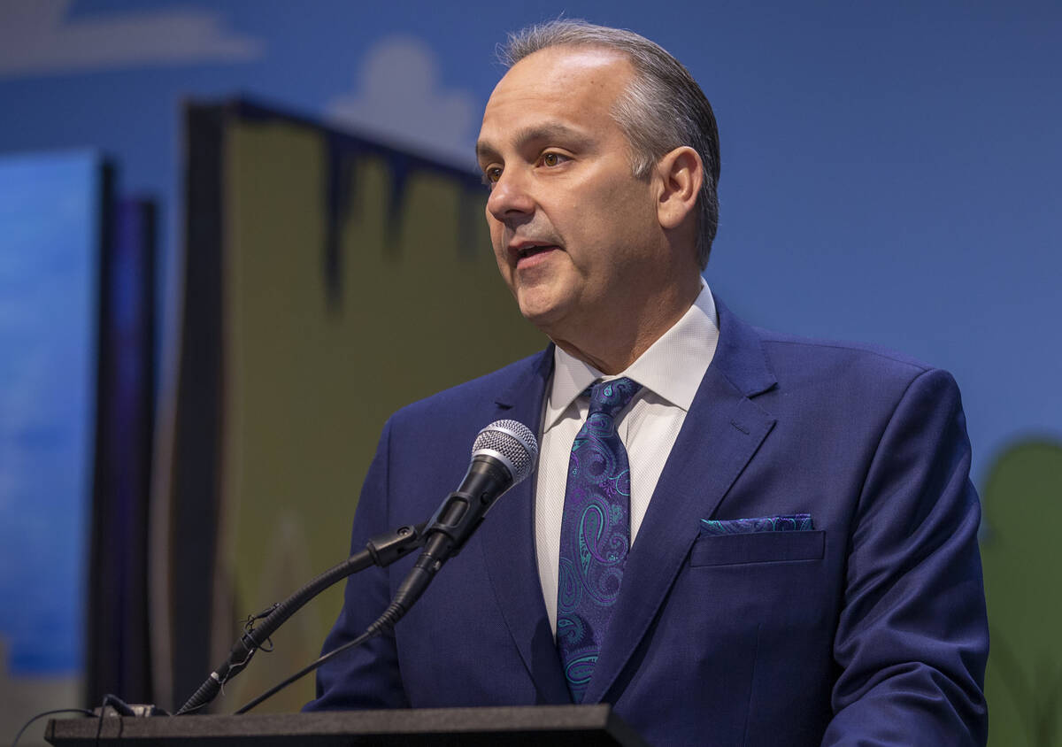 FILE - Clark County School District Superintendent Dr. Jesus Jara speaks during a ceremony for ...