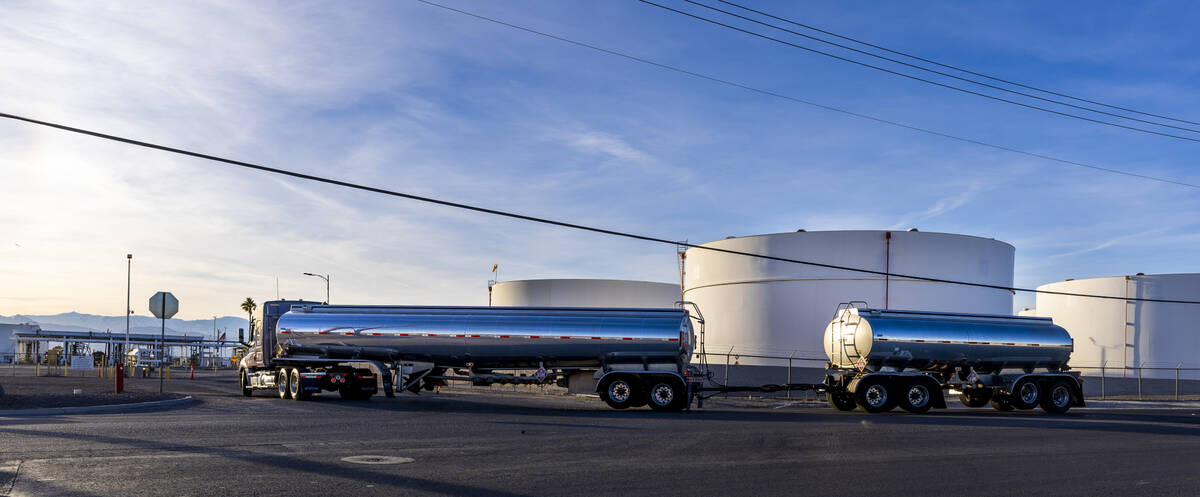 A tanker drives into a fueling complex off of North Sloan Lane on Friday, Feb. 10, 2023, in Las ...