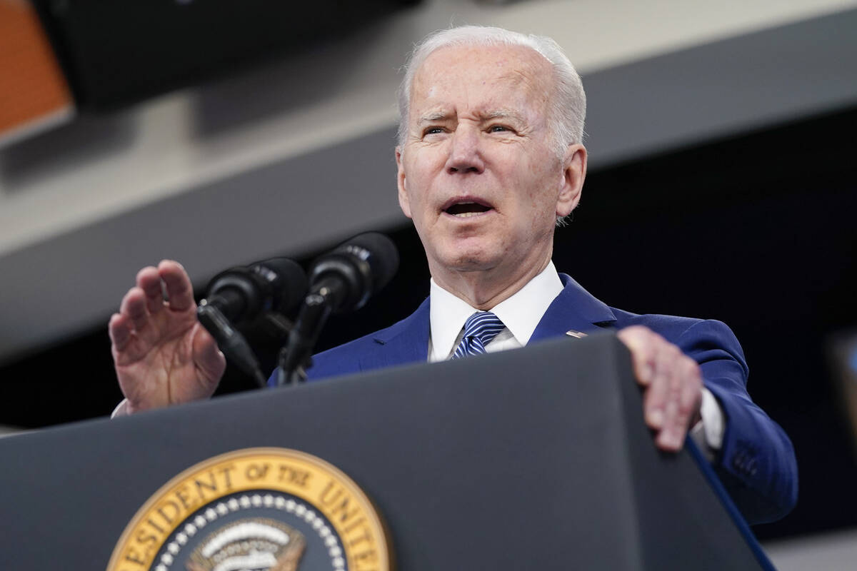 FILE - President Joe Biden speaks in the South Court Auditorium on the White House campus, Marc ...
