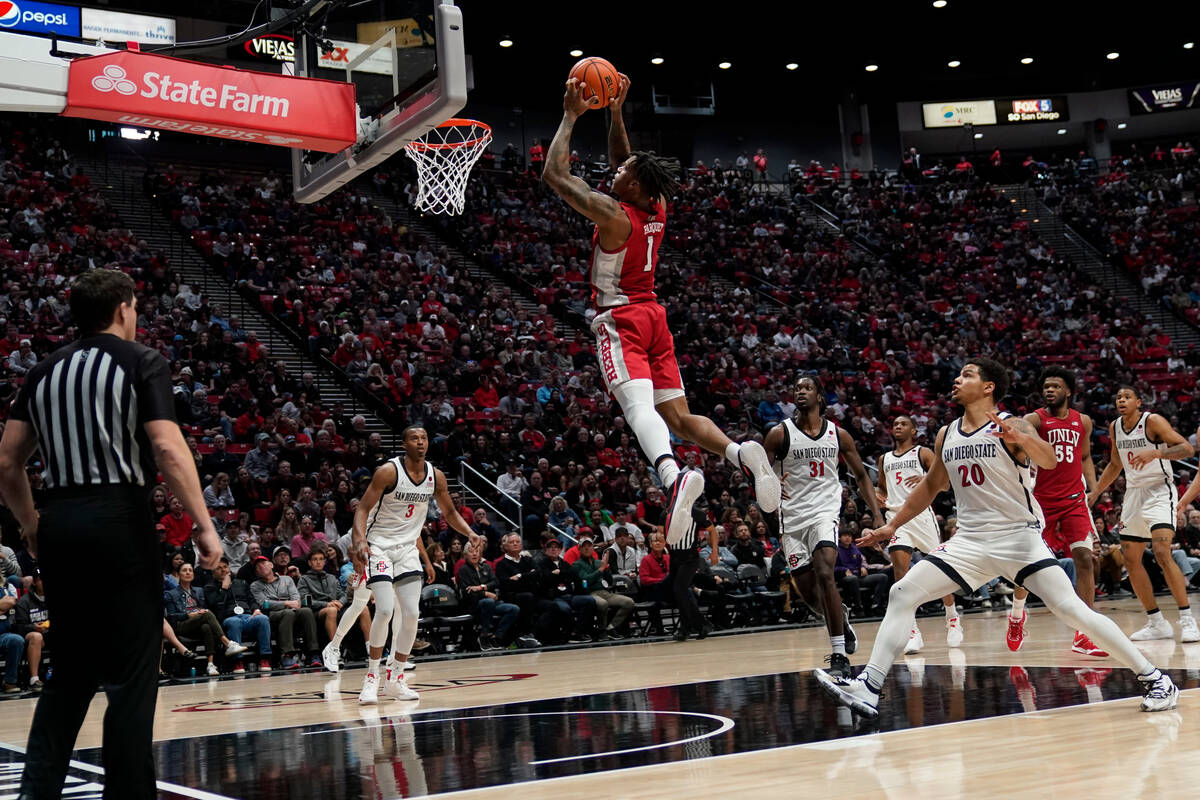 UNLV guard Elijah Parquet (1) shoots during the second half of an NCAA college basketball game ...