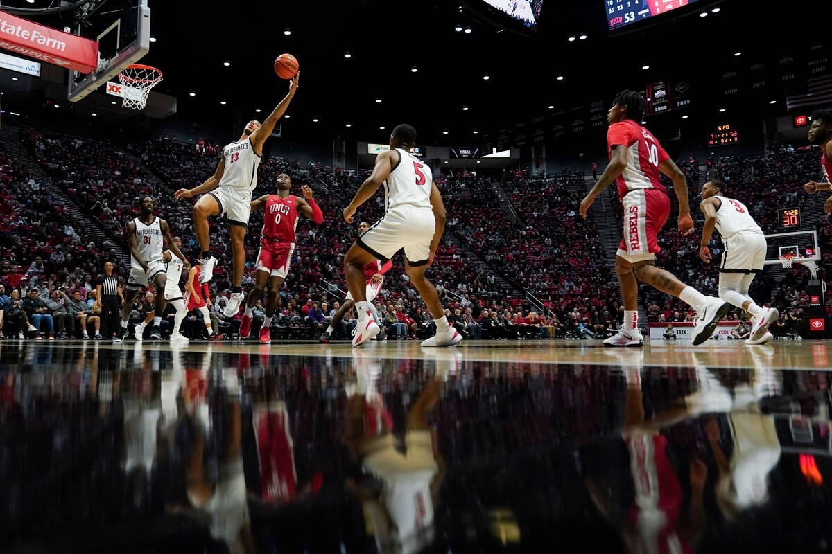 San Diego State forward Jaedon LeDee (13) grabs a rebound during the second half of an NCAA col ...