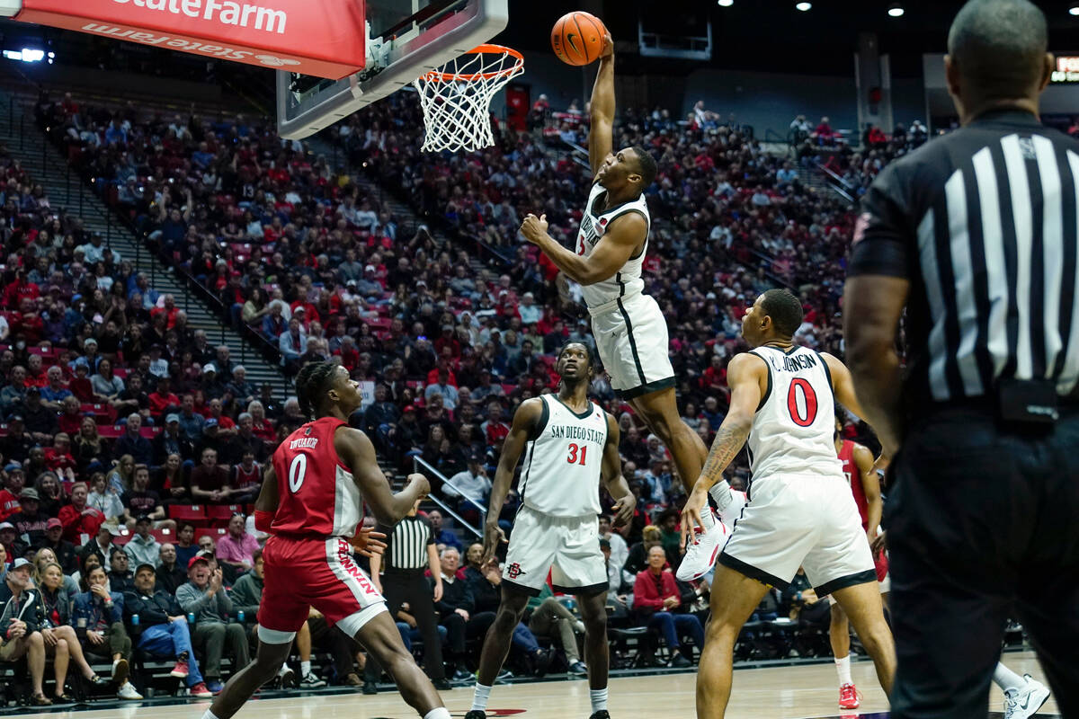 San Diego State guard Lamont Butler dunks during the first half of an NCAA college basketball g ...