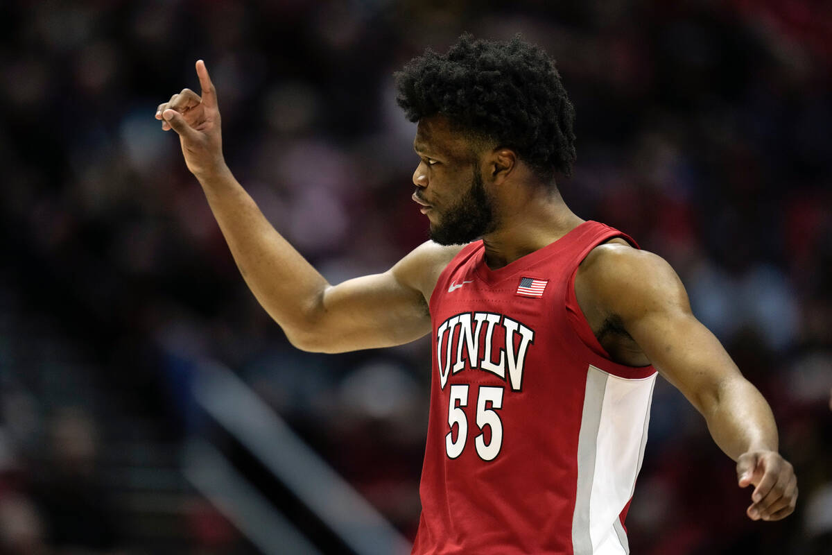 UNLV guard EJ Harkless gestures during the first half of an NCAA college basketball game agains ...