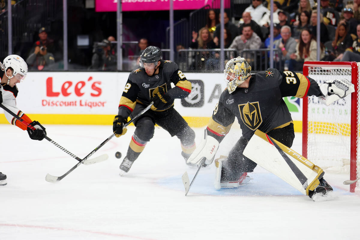 Anaheim Ducks center Jayson Megna (7) shoots the puck past Vegas Golden Knights goaltender Adin ...