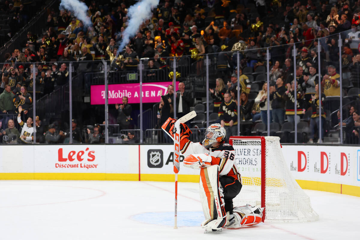 Anaheim Ducks goaltender John Gibson (36) looks on after allowing a goal during the third perio ...