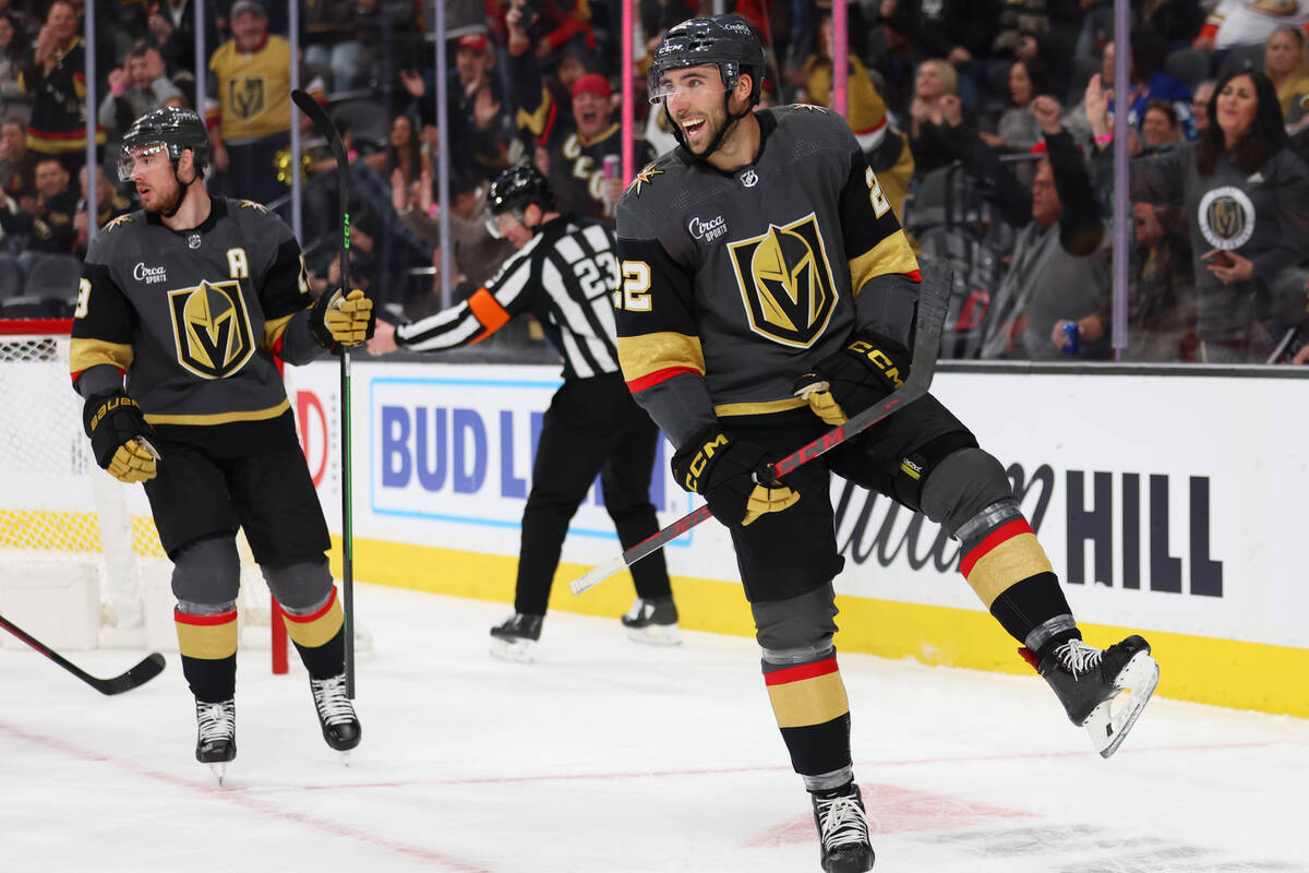 Vegas Golden Knights right wing Michael Amadio (22) celebrates his goal against the Anaheim Duc ...