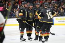 Vegas Golden Knights defenseman Shea Theodore (27) celebrates his goals with his team during th ...