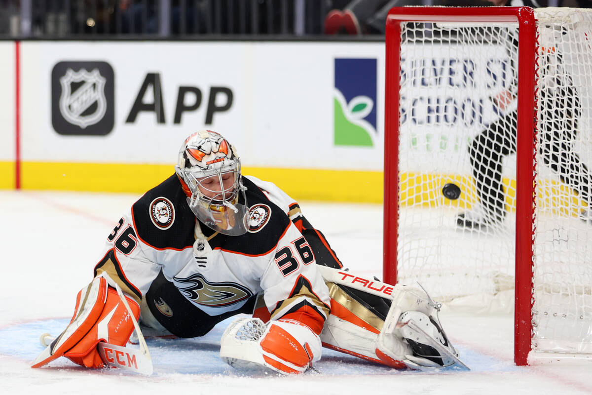 Anaheim Ducks goaltender John Gibson (36) allows a goal during the third period of an NHL hocke ...