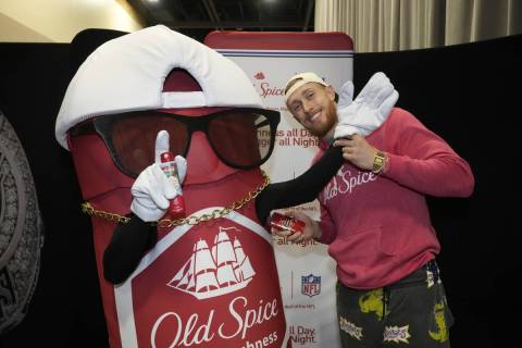 George Kittle and Swaggy Spice, Old Spice's mascot, hang out on Super Bowl LVII radio row in Ph ...