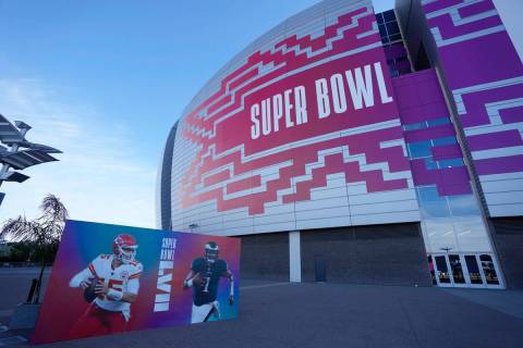 An exterior, general view of State Farm Stadium before the NFL Super Bowl 57 football game betw ...