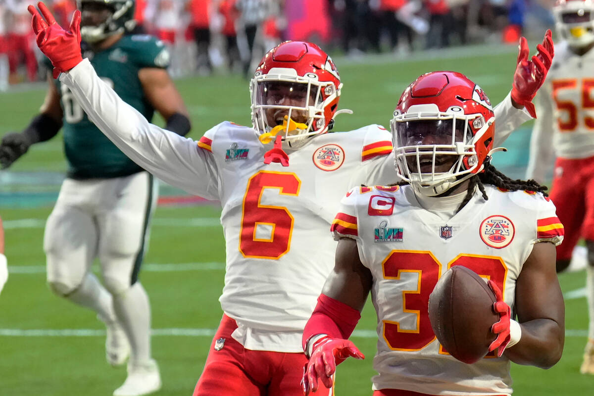 Kansas City Chiefs linebacker Nick Bolton (32) celebrates after scoring a touchdown after recov ...