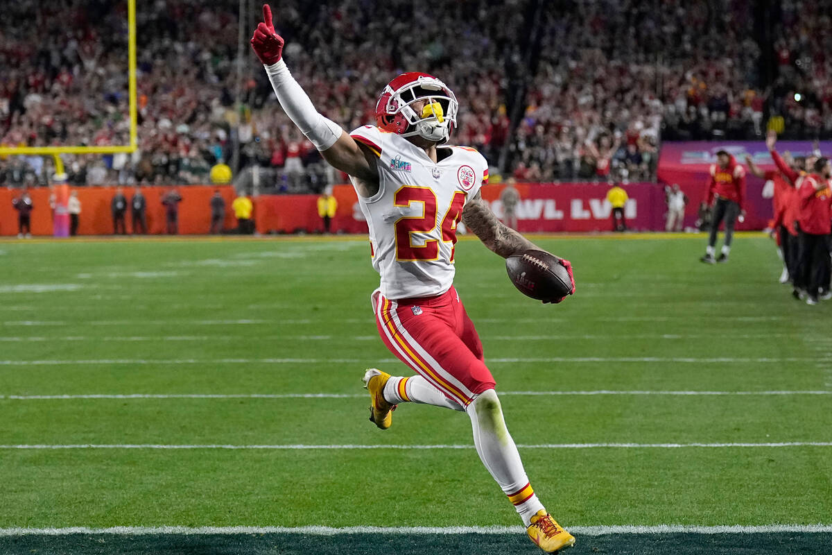 Kansas City Chiefs wide receiver Skyy Moore (24) celebrates his touchdown against the Philadelp ...