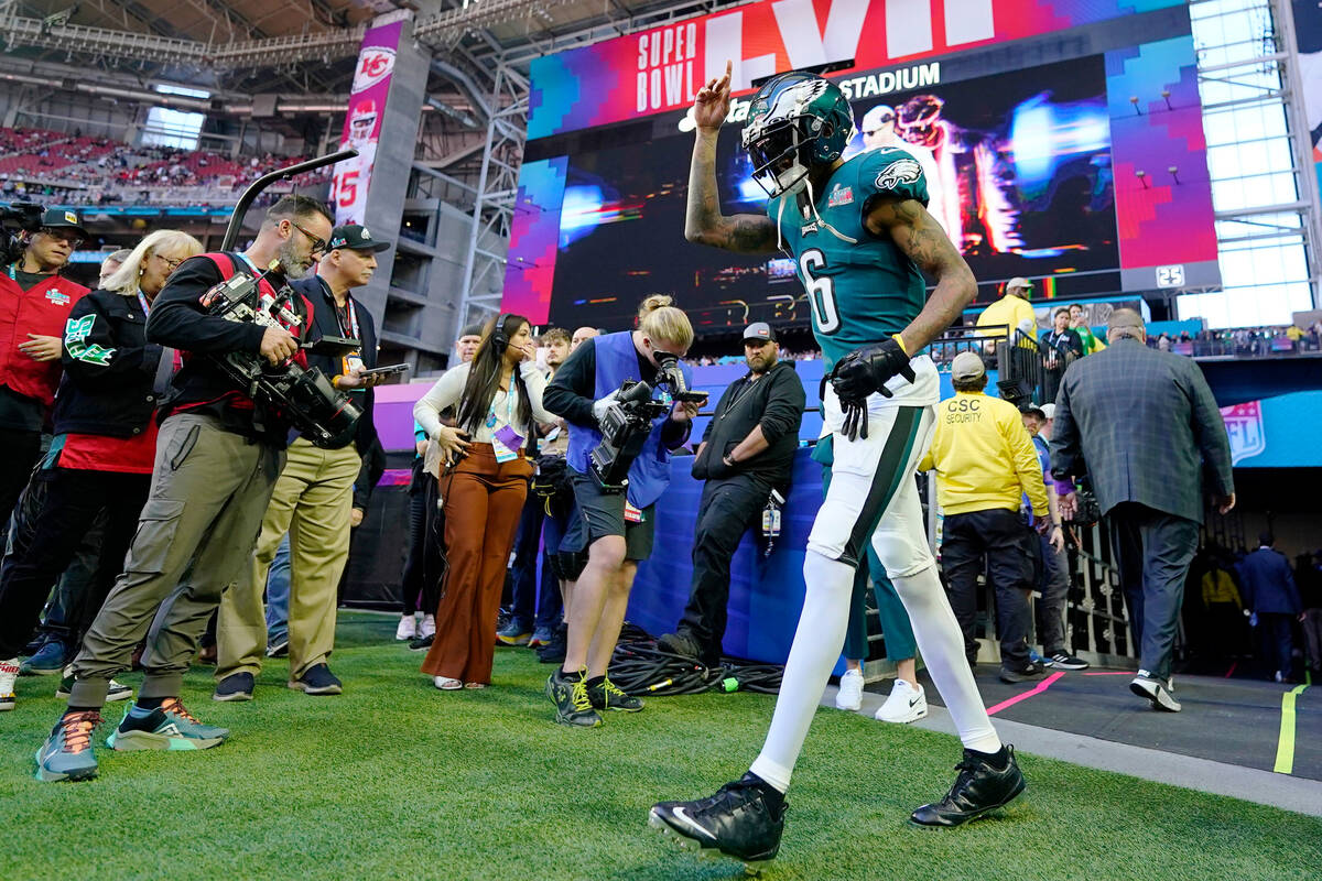 Philadelphia Eagles wide receiver DeVonta Smith (6) arrives for the NFL Super Bowl 57 football ...