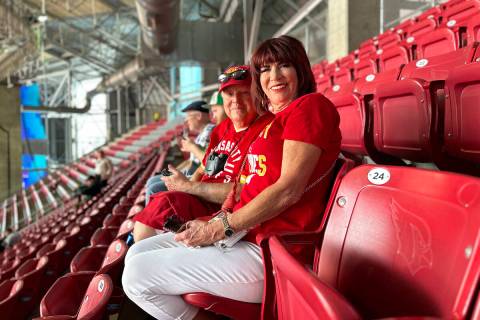 Cindy and Woody Moses at State Farm Stadium in Glendale, Arizona Sunday Feb. 12, 2023, ahead of ...