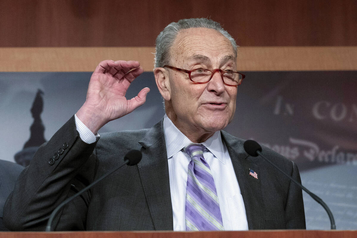 Senate Majority Leader Chuck Schumer, D-N.Y., speaks during a news conference at the Capitol in ...