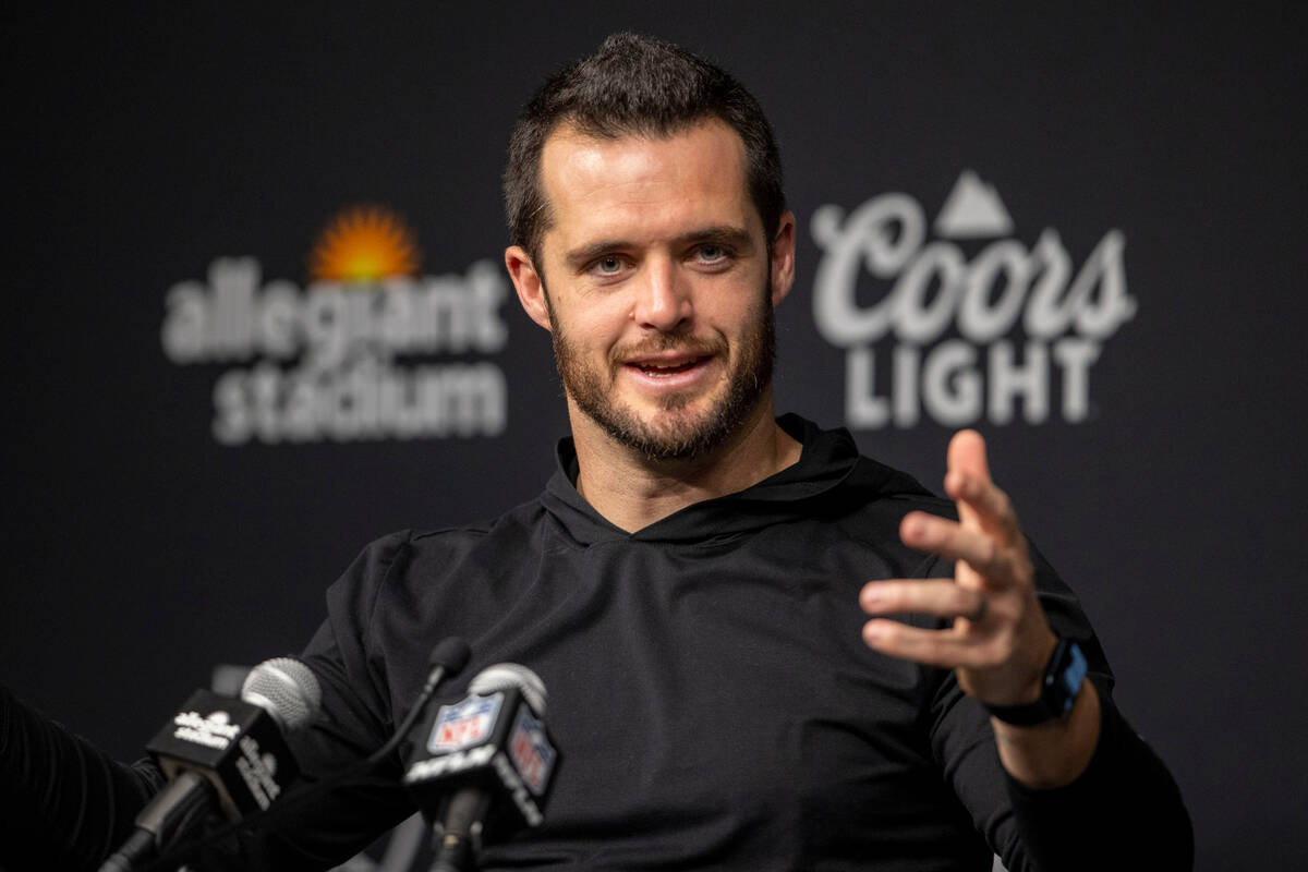 Raiders quarterback Derek Carr (4) speaks to media during his post-game news conference after w ...