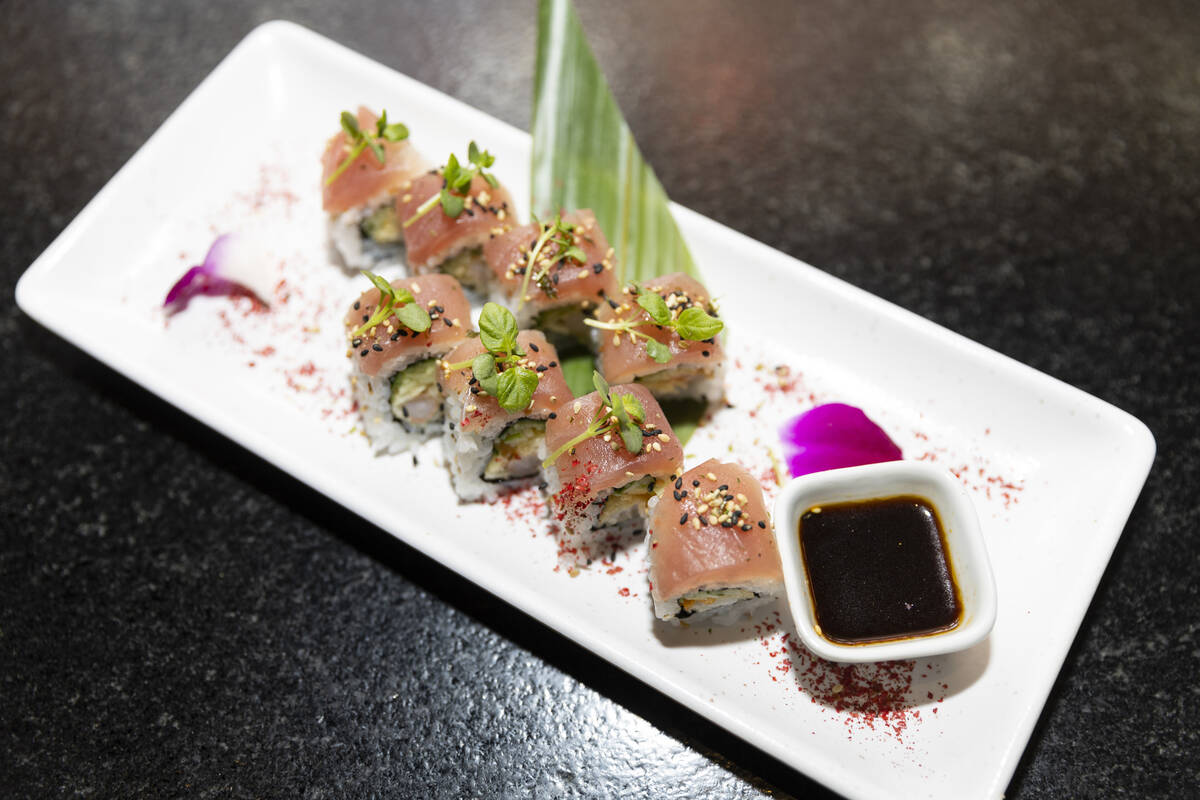 A shrimp tempura roll with garlic tuna is seen served at Maxan Jazz in Las Vegas, Saturday, Feb ...