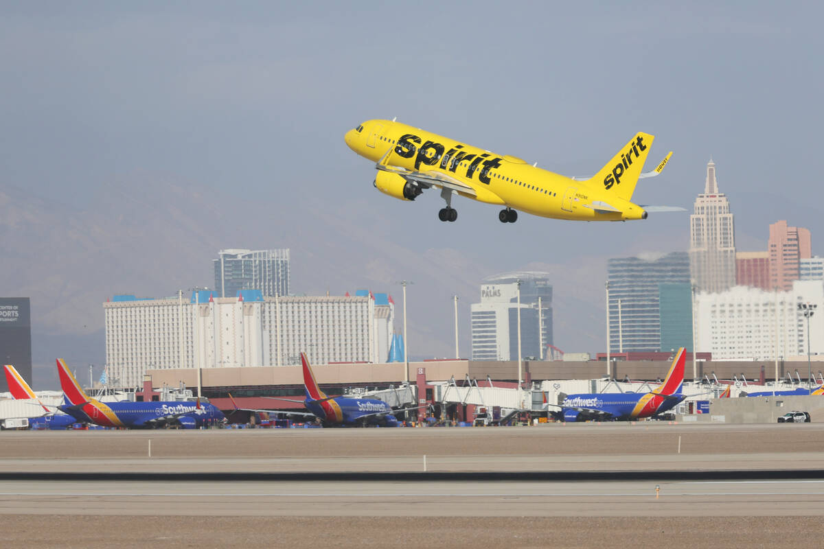 A Spirit Airlines plane takes flight from Harry Reid International Airport in Las Vegas, Tuesda ...