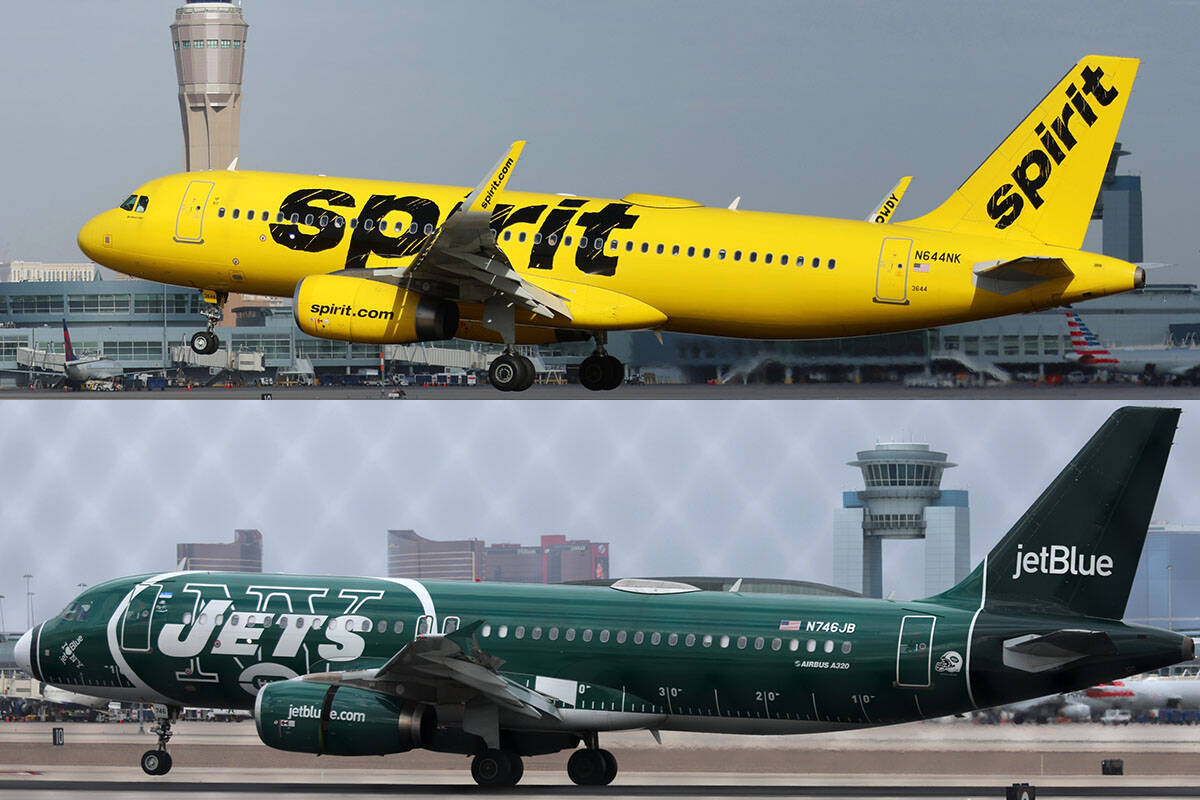 A Spirit Airlines plane, top and a JetBlue plane, bottom, are seen at Harry Reid International ...