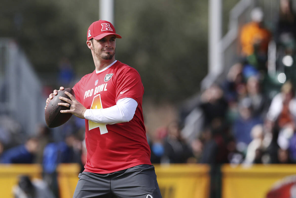 AFC quarterback Derek Carr, of the Oakland Raiders, prepares to throw a pass during Pro Bowl NF ...
