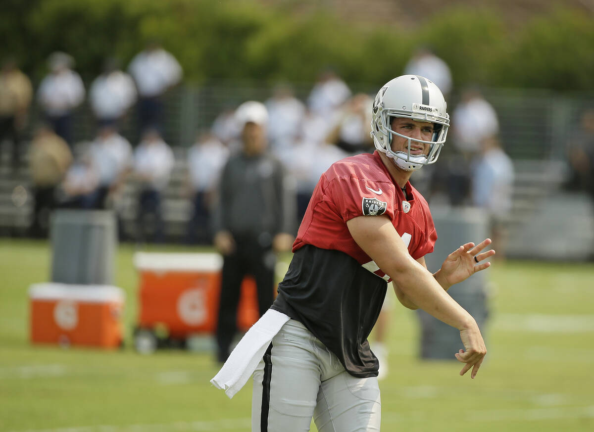 Oakland Raiders quarterback Derek Carr during their football training camp Friday, July 31, 201 ...