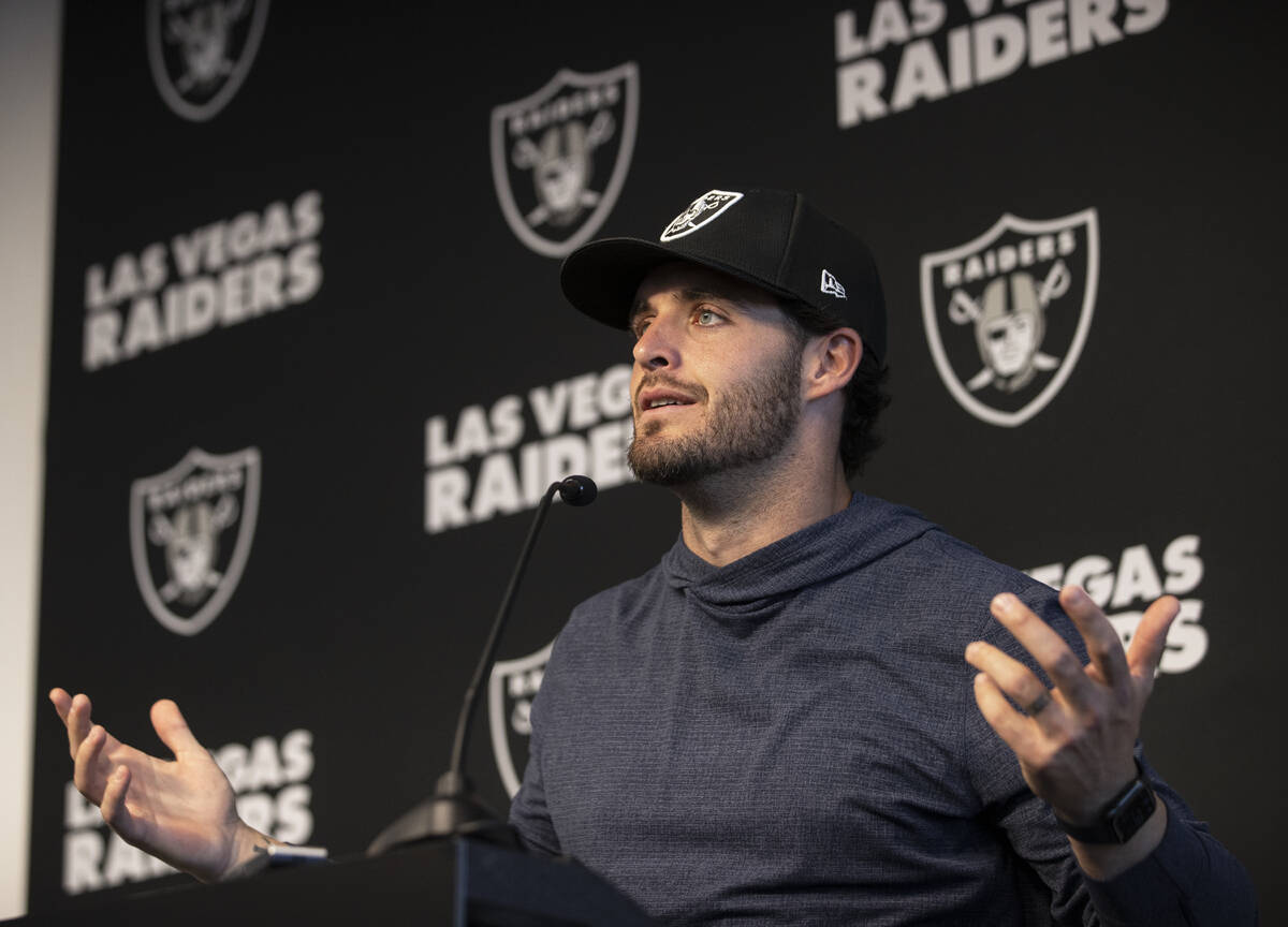 Raiders quarterback Derek Carr addresses the media after practice on Wednesday, Oct. 13, 2021, ...