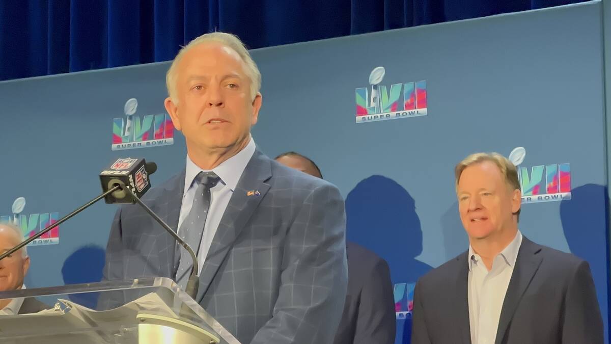 Gov. Joe Lombardo speaks during a Super Bowl LVIII news conference at the Phoenix Convention Ce ...