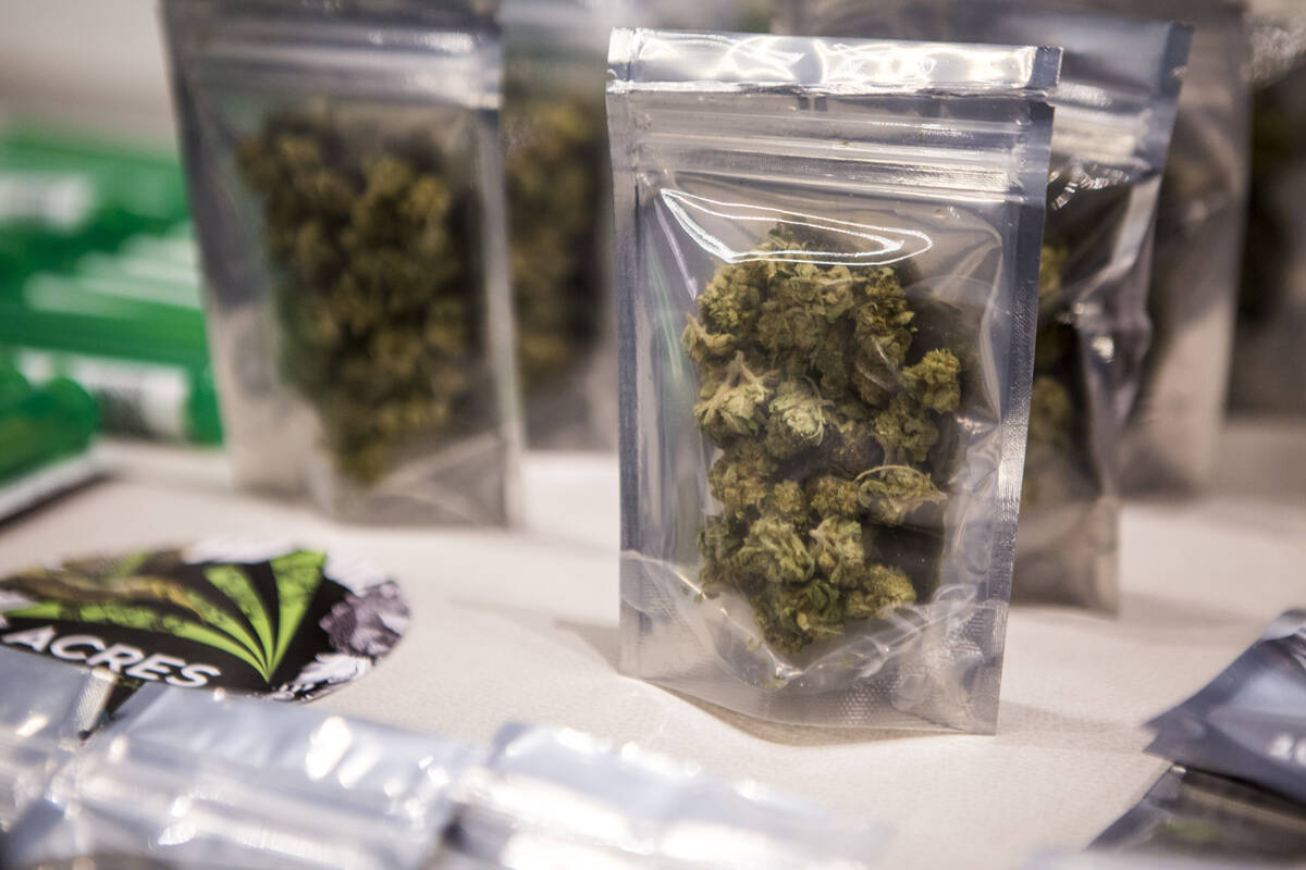 Marijuana displayed for sale at Acres Dispensary in 2018. (Las Vegas Review-Journal)