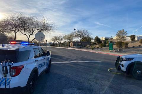 Las Vegas police investigate a homicide at Charlie Frias Park, near South Decatur Boulevard and ...