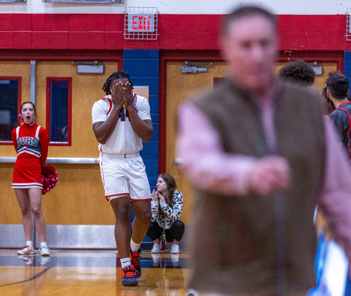 Coronado's Ifiok Peter (44) is frustrated by another foul call against Arbor View during the se ...