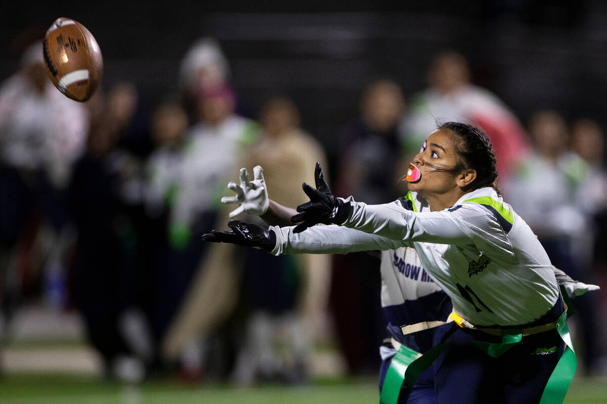 Green Valley’s Kaylie Membreno (11) extends to try and make a catch during the flag foot ...