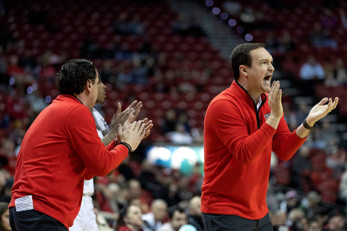 UNLV Rebels head coach Kevin Kruger shouts after referees called a foul on the San Jose State S ...