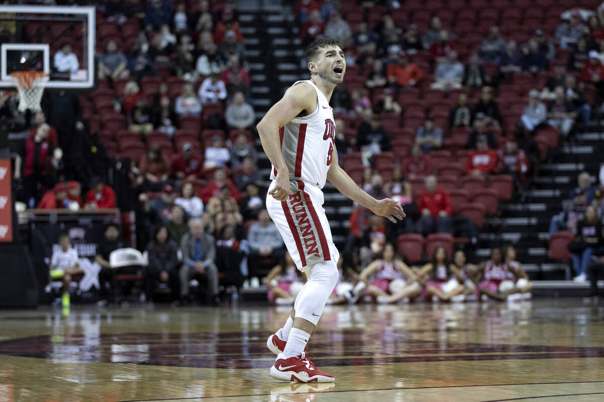 UNLV Rebels guard Jordan McCabe (5) reacts after missing a three-pointer during the second half ...