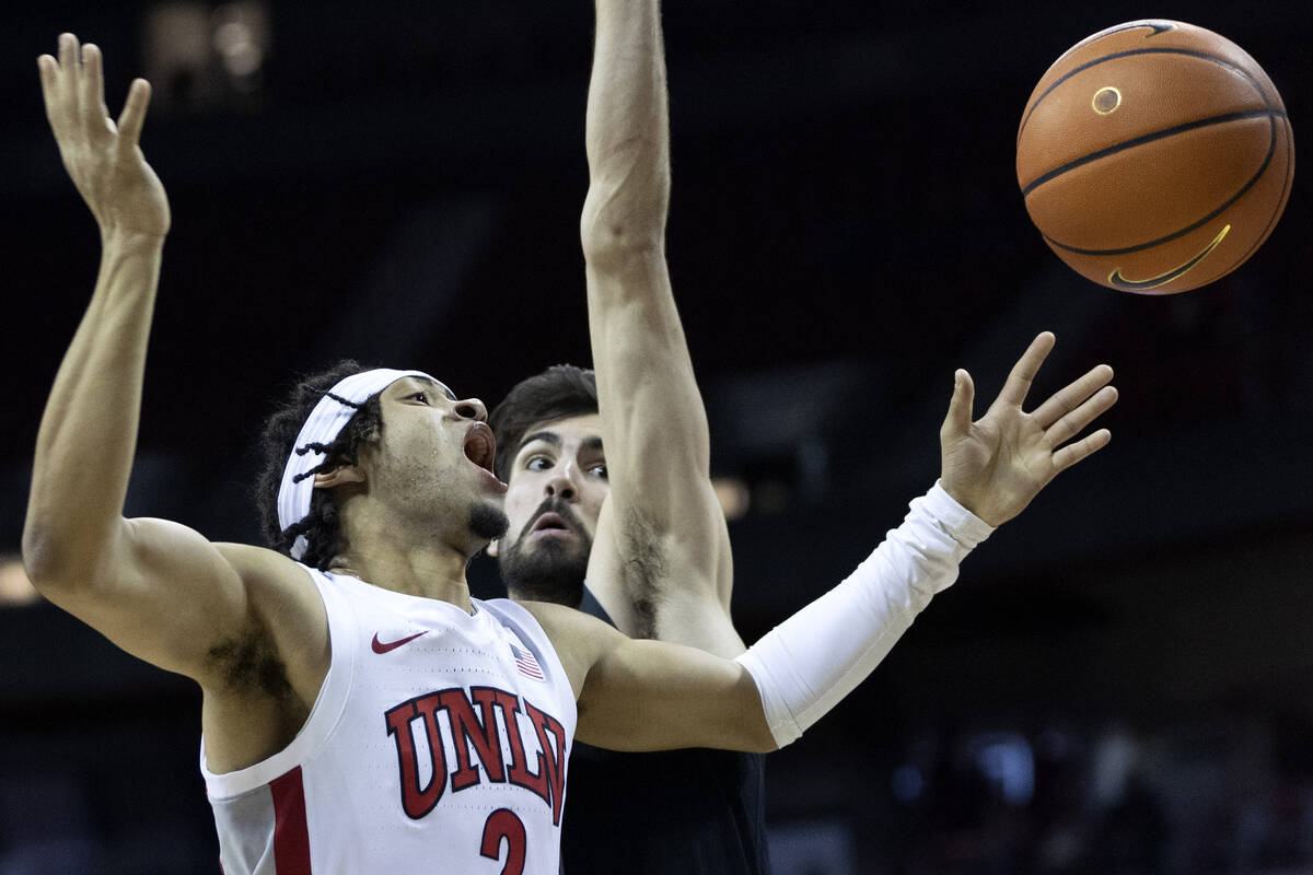 UNLV Rebels guard Justin Webster (2) loses control of the ball while shooting against San Jose ...