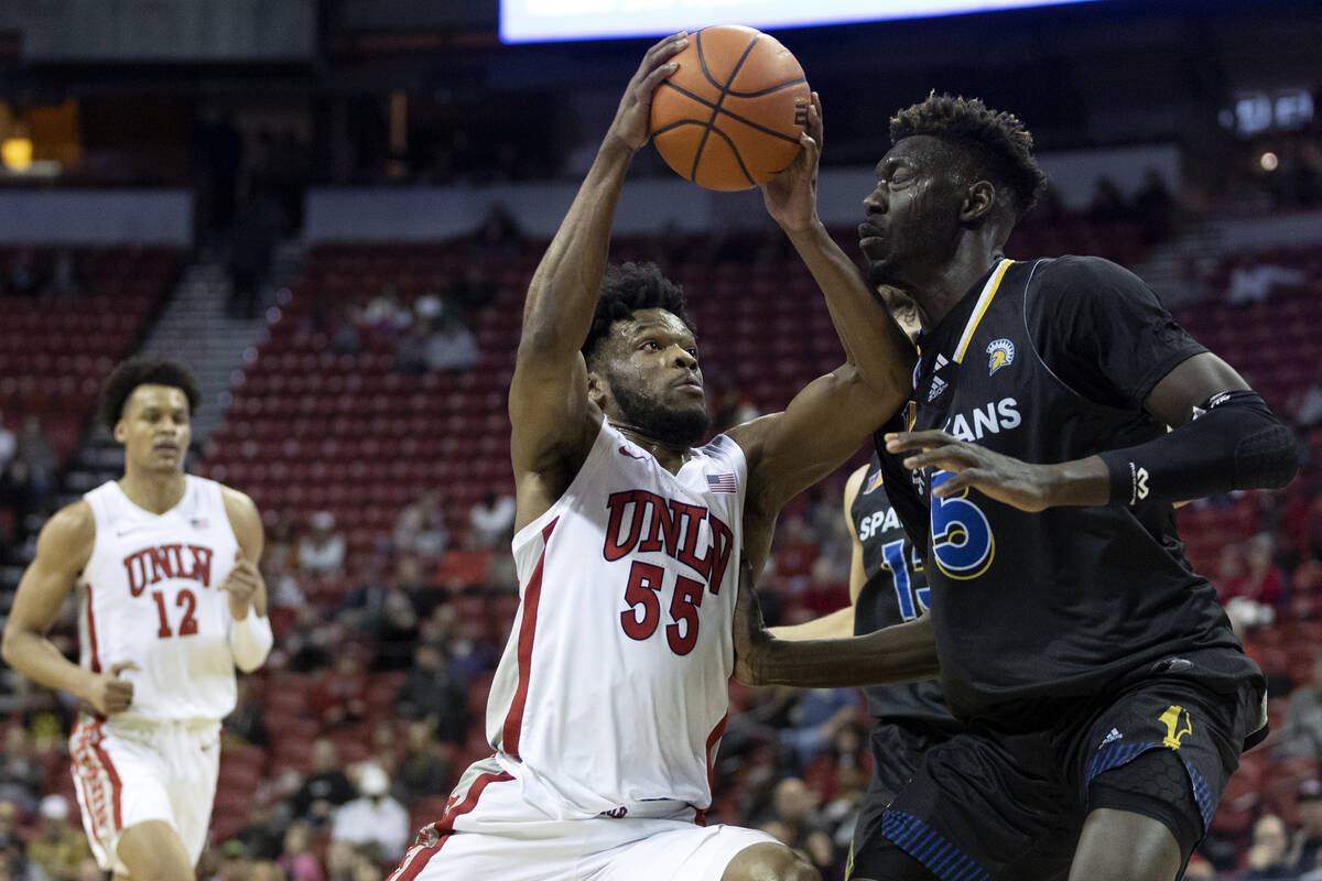 UNLV Rebels guard EJ Harkless (55) shoots against San Jose State Spartans center Ibrahima Diall ...