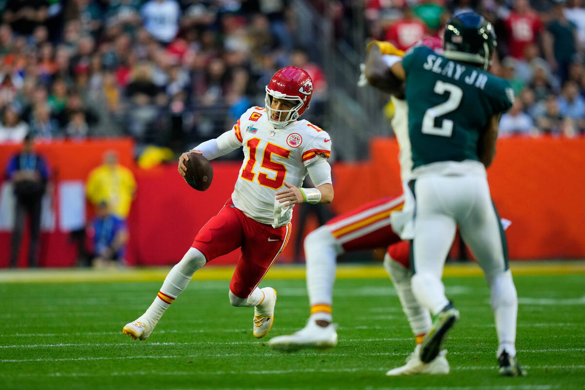 Kansas City Chiefs' Patrick Mahomes plays during the NFL Super Bowl 57 football game against th ...