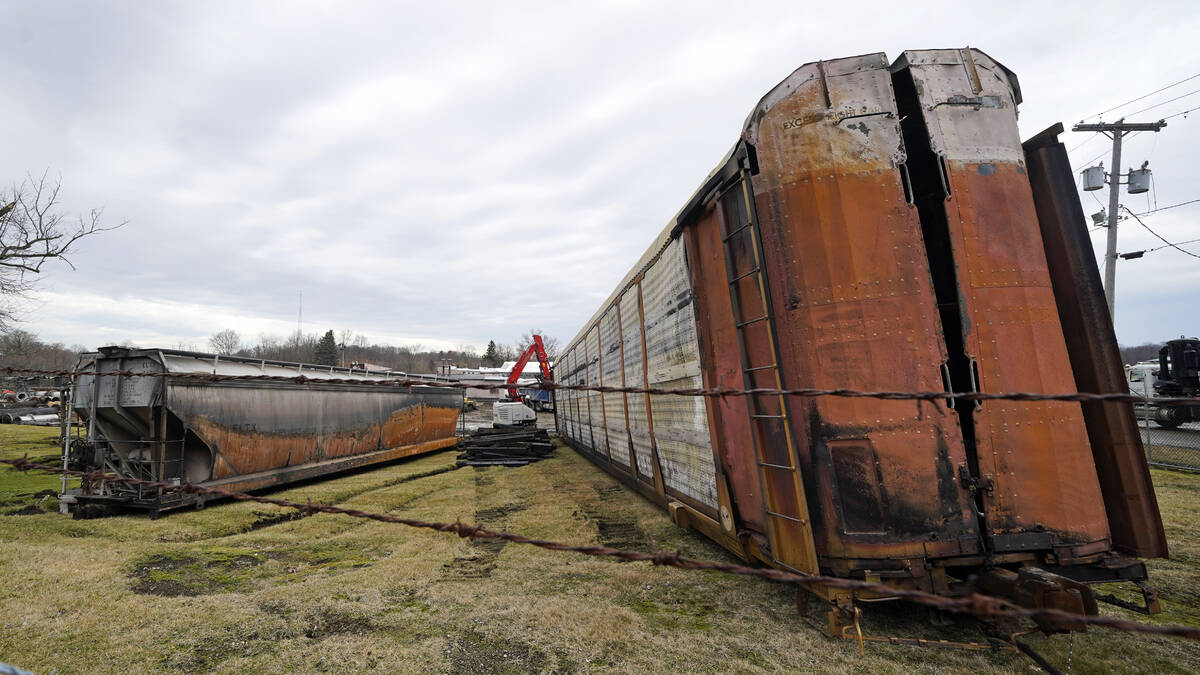 Some of the railcars that derailed Friday night when a Norfolk Southern freight train derailed ...