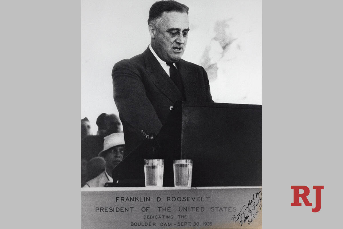 President Franklin D. Roosevelt delivers the dedication address at Boulder Dam, Hoover Dam. The ...