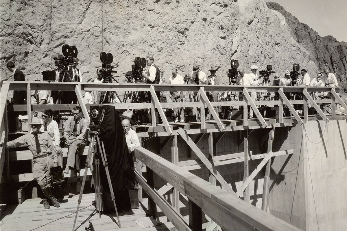 Film crews and photographers at Boulder Dam, now Hoover Dam, on the day it was dedicated by Pre ...